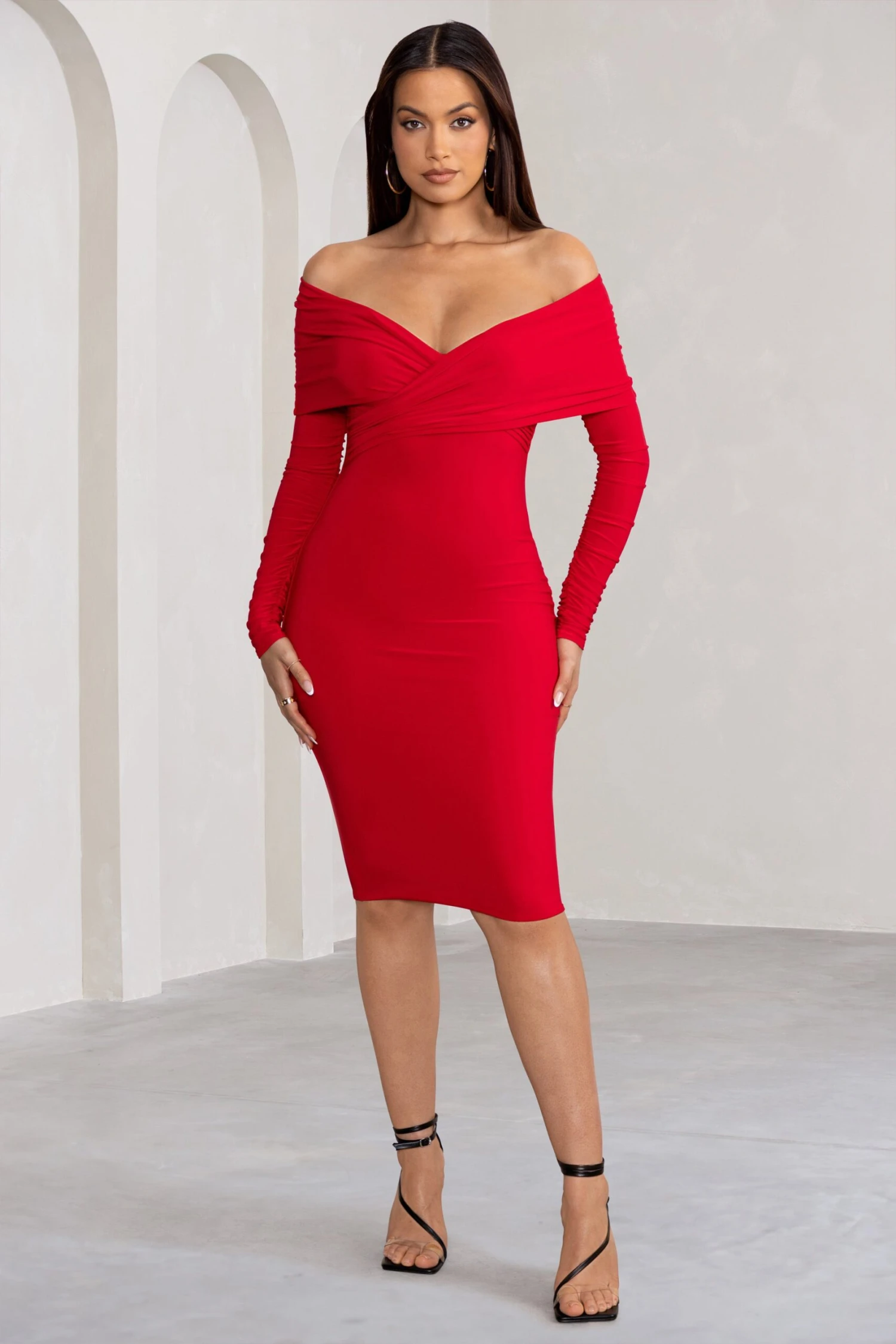 Flatter Me | Red Twist Front Bardot Midi Dress 7 Flatter Me | Red Twist Front Bardot Midi Dress - Image 5