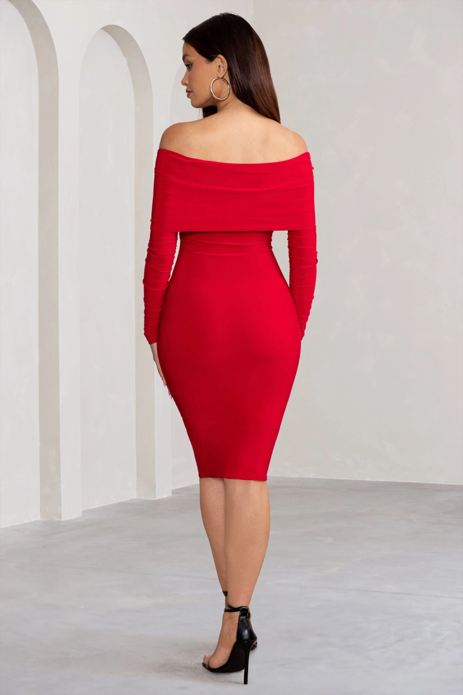 Flatter Me | Red Twist Front Bardot Midi Dress 4 Flatter Me | Red Twist Front Bardot Midi Dress - Image 2