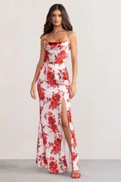 Fairy Tale | Champagne Floral Print Cowl Neck Satin Maxi Dress With Waist Tie