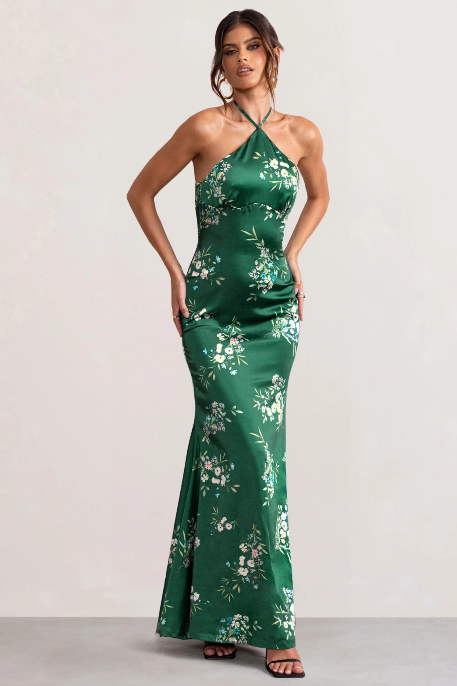 Grandeur | Green Floral Print Satin Halterneck Maxi Dress 3 Grandeur | Green Floral Print Satin Halterneck Maxi Dress