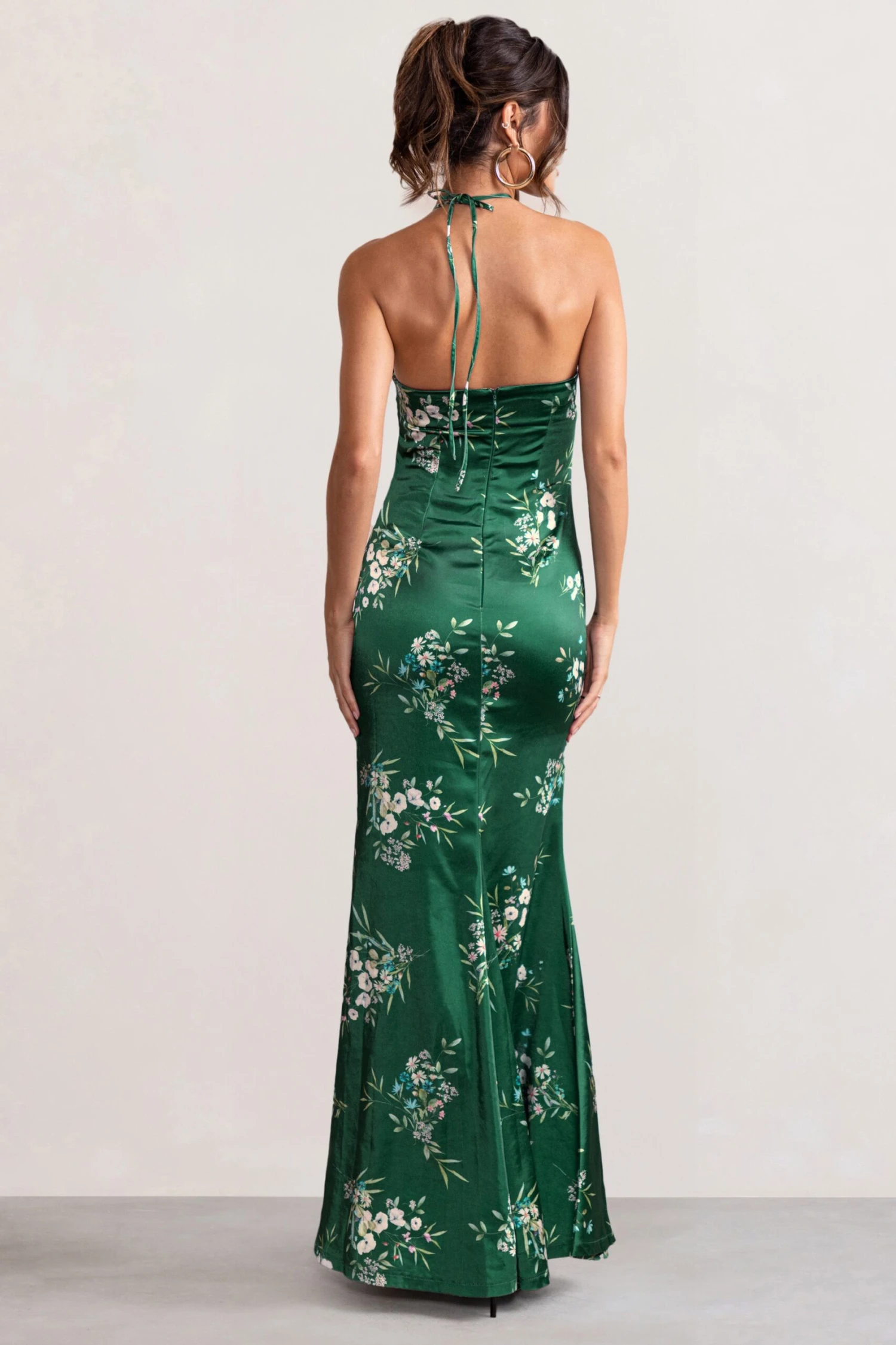 Grandeur | Green Floral Print Satin Halterneck Maxi Dress 4 Grandeur | Green Floral Print Satin Halterneck Maxi Dress - Image 2