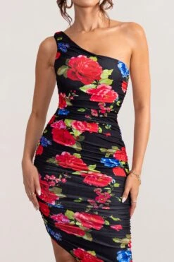 Late Night | Black Floral Print Asymmetric One Shoulder Ruched Midi Dress -Sangyong Store WB BR CL126680 LateNightBlackFloralPrintAsymmetricOneShoulderMidiDress1copy 565fb5c3 a2fb 40de 93d0 9ee38c87a1b0