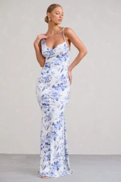 Phantasy | Blue Floral Print Asymmetric Neckline Cowl Maxi Dress
