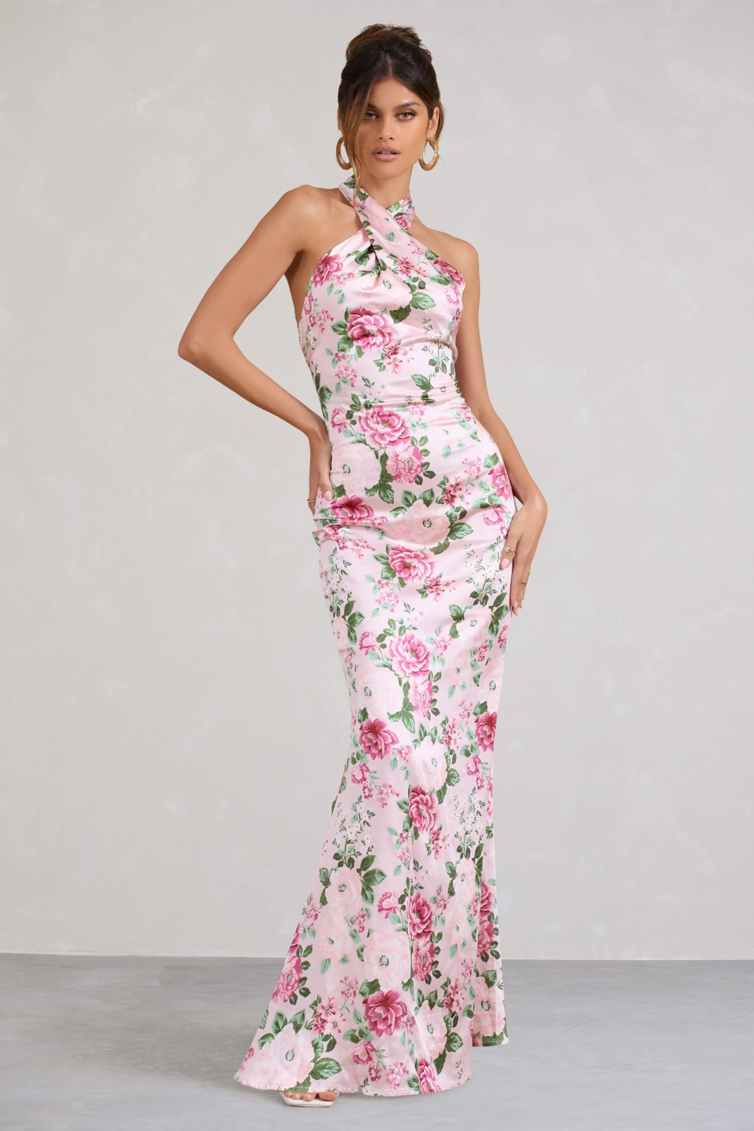 Unstoppable | Pink Floral Print Satin Cross Over Halter Neck Maxi Dress 3 Unstoppable | Pink Floral Print Satin Cross Over Halter Neck Maxi Dress