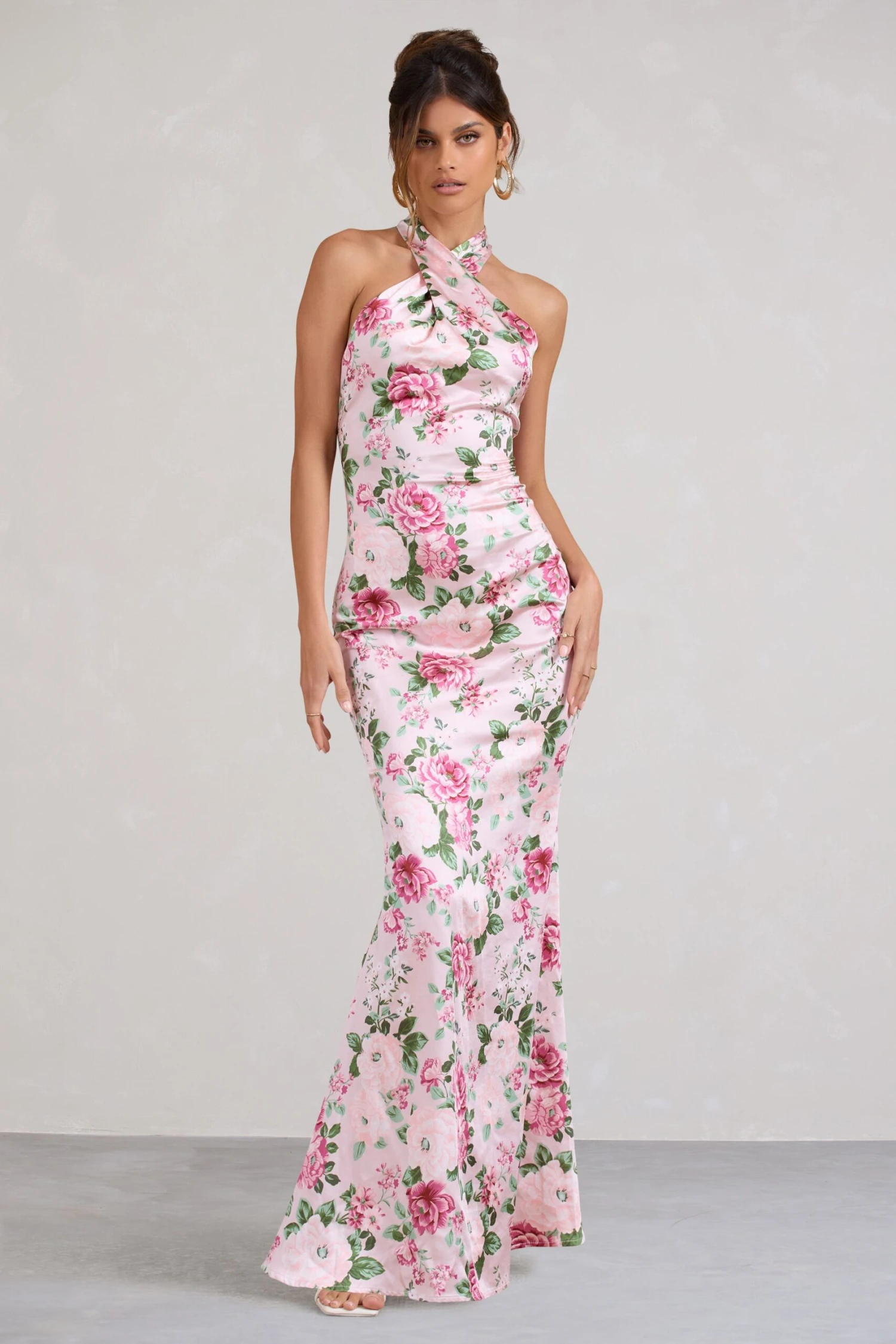 Unstoppable | Pink Floral Print Satin Cross Over Halter Neck Maxi Dress 6 Unstoppable | Pink Floral Print Satin Cross Over Halter Neck Maxi Dress - Image 4