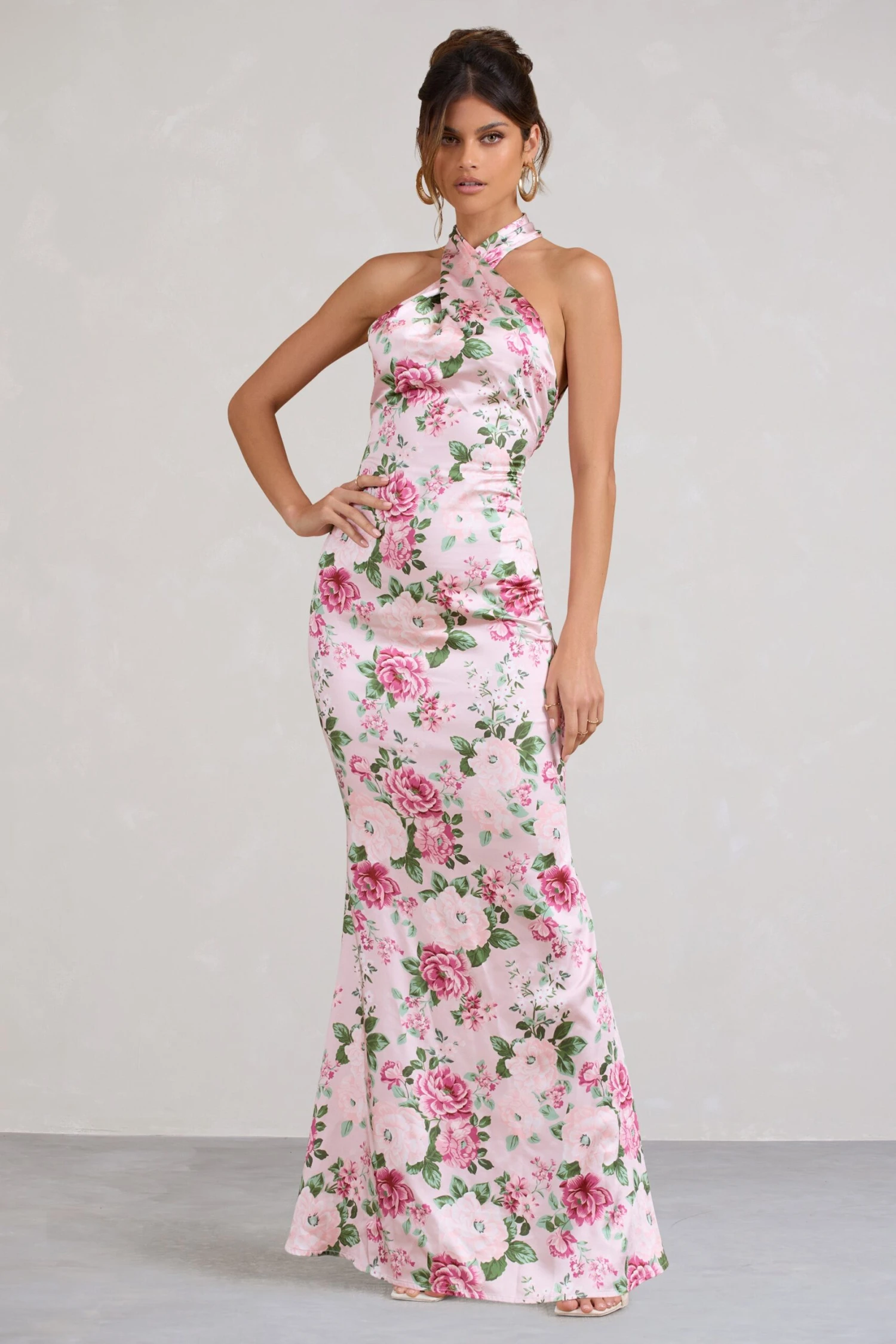 Unstoppable | Pink Floral Print Satin Cross Over Halter Neck Maxi Dress 7 Unstoppable | Pink Floral Print Satin Cross Over Halter Neck Maxi Dress - Image 5