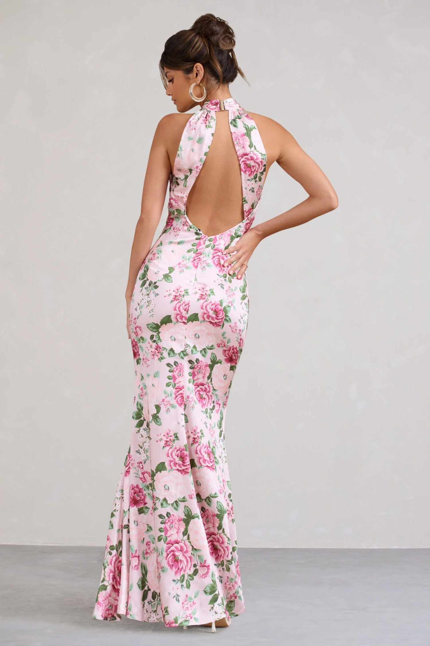 Unstoppable | Pink Floral Print Satin Cross Over Halter Neck Maxi Dress 4 Unstoppable | Pink Floral Print Satin Cross Over Halter Neck Maxi Dress - Image 2