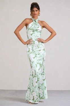 Unstoppable | Green Floral Print Satin Cross Over Halter Neck Maxi Dress -Sangyong Store WB BR CL126739153 UnstoppableGreenFloralPrintSatinCrossOverHalterNeckMaxiDress0copy