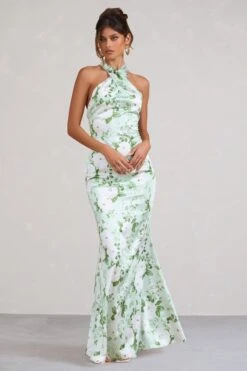 Unstoppable | Green Floral Print Satin Cross Over Halter Neck Maxi Dress -Sangyong Store WB BR CL126739153 UnstoppableGreenFloralPrintSatinCrossOverHalterNeckMaxiDress4copy