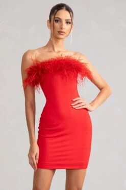 Stop The Show | Red Feather Trim Strapless Bodycon Mini Dress -Sangyong Store WB BR CL127104 StopTheShowRedFeatherTrimStraplessMiniDress1