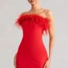 Stop The Show | Red Feather Trim Strapless Bodycon Mini Dress -Sangyong Store WB BR CL127104 StopTheShowRedFeatherTrimStraplessMiniDress2