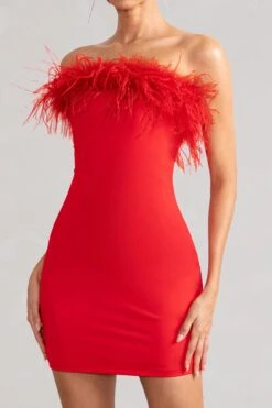 Stop The Show | Red Feather Trim Strapless Bodycon Mini Dress -Sangyong Store WB BR CL127104 StopTheShowRedFeatherTrimStraplessMiniDress2 ae4f57ce 6f0a 4a84 aedf 768f68bf1a67