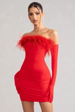 Stop The Show | Red Feather Trim Strapless Bodycon Mini Dress -Sangyong Store WB BR CL127104 StopTheShowRedFeatherTrimStraplessMiniDress5
