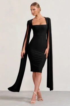Flawless | Black Square Neck Midi Dress With Cape Sleeves -Sangyong Store WB BR CL127209002 FlawlessBlackSquareNeckMidiDressWithCapeSleeves2
