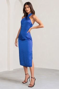 Dazzling | Cobalt Blue Satin Cross Over Halter Neck Midi Dress -Sangyong Store WB BR CL127233 DazzlingCobaltBlueSatinCrossOverHalterNeckMidiDress2