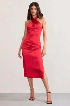Dazzling | Red Satin Cross Over Halter Neck Midi Dress -Sangyong Store WB BR CL127233 DazzlingRedSatinCrossOverHalterNeckMidiDress0