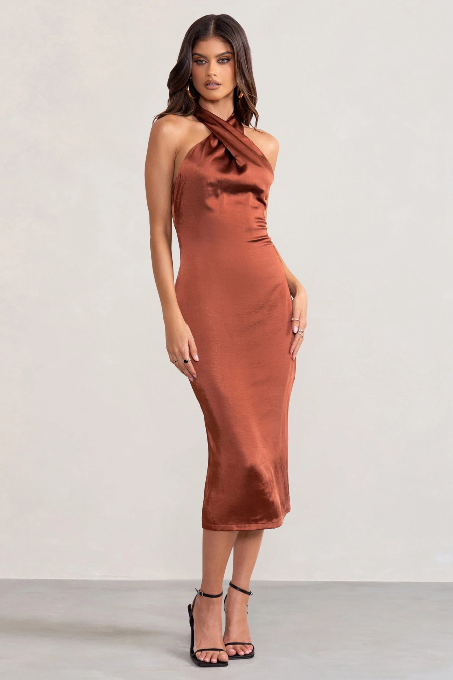 Dazzling | Rust Satin Cross Over Halter Neck Midi Dress 6 Dazzling | Rust Satin Cross Over Halter Neck Midi Dress - Image 4