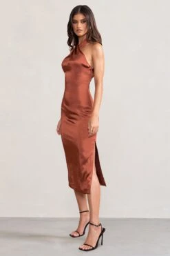 Dazzling | Rust Satin Cross Over Halter Neck Midi Dress 8 Dazzling | Rust Satin Cross Over Halter Neck Midi Dress -Sangyong Store WB BR CL127233 DazzlingRustSatinCrossOverHalterNeckMidiDress2