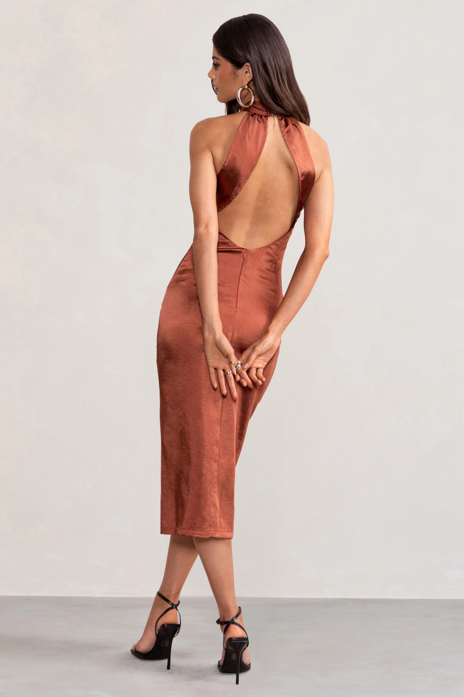 Dazzling | Rust Satin Cross Over Halter Neck Midi Dress 4 Dazzling | Rust Satin Cross Over Halter Neck Midi Dress - Image 2