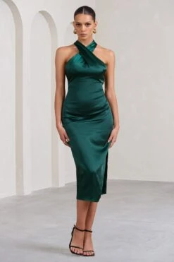 Dazzling | Bottle Green Satin Cross Over Halter Neck Midi Dress -Sangyong Store WB BR CL127233047 DazzlingBottleGreenCrossOverHalterNeckMidiDress2