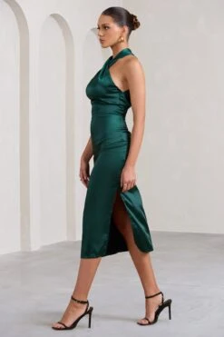 Dazzling | Bottle Green Satin Cross Over Halter Neck Midi Dress -Sangyong Store WB BR CL127233047 DazzlingBottleGreenCrossOverHalterNeckMidiDress4