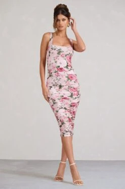 Lisbon | Pink Floral Print Square Neck Ruched Midi Dress -Sangyong Store WB BR CL127326146 LisbonPinkFloralPrintSquareNeckRuchedMidiDress2