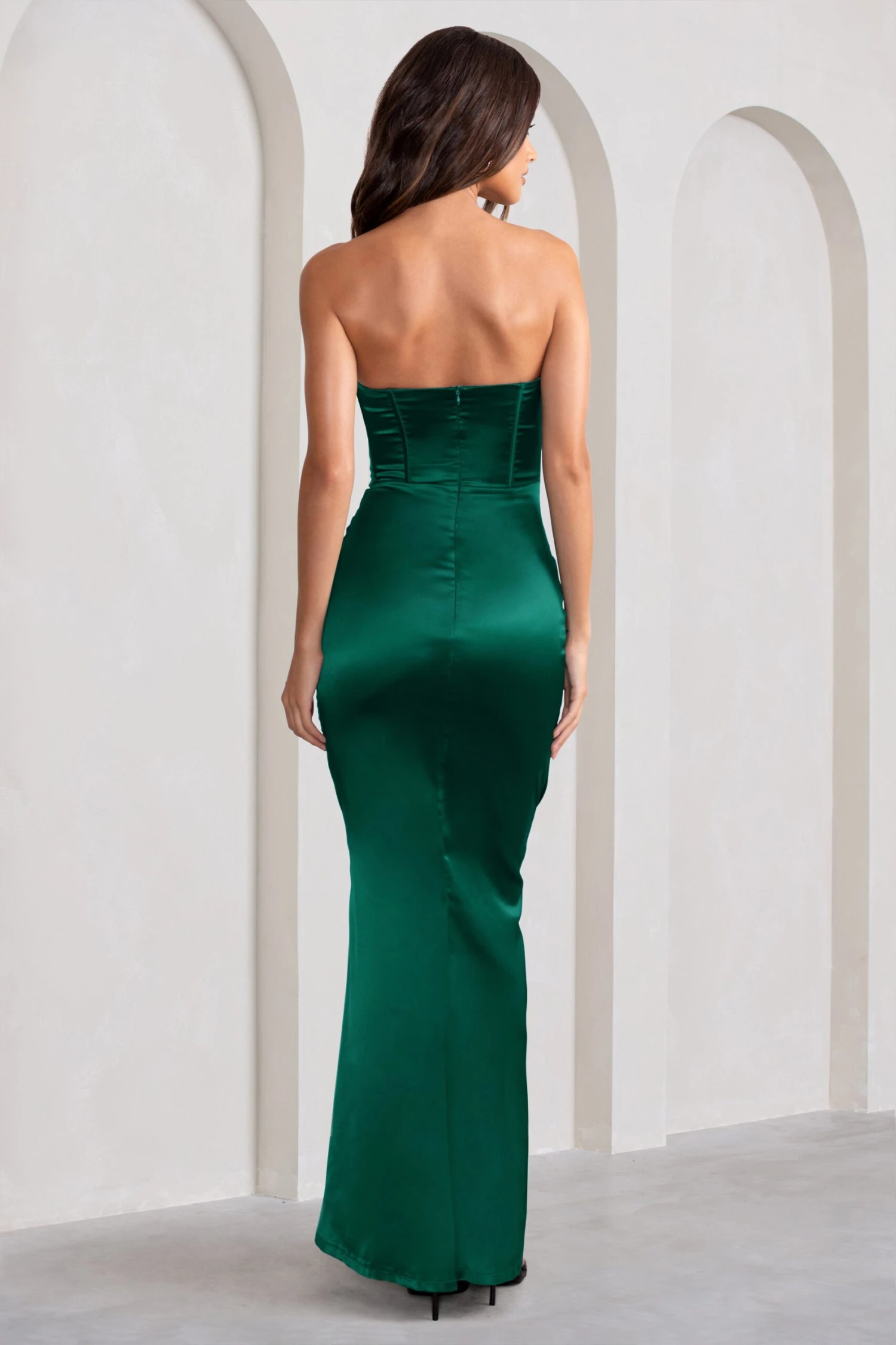 Sensual Notes | Bottle Green Satin Strapless Corset Thigh Split Fishtail Maxi Dress 4 Sensual Notes | Bottle Green Satin Strapless Corset Thigh Split Fishtail Maxi Dress - Image 2