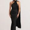 Mademoiselle | Black Satin Asymmetric Scarf Neck Backless Maxi Dress -Sangyong Store WB BR CL127576 MademoiselleBlackSatinAsymmetricScarfNeckBacklessMaxiDress1