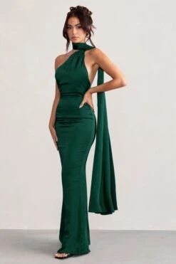 Mademoiselle | Bottle Green Satin Asymmetric Scarf Neck Backless Maxi Dress -Sangyong Store WB BR CL127576 MademoiselleBottleGreenSatinAsymmetricScarfNeckBacklessMaxiDress2