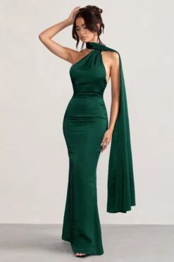 Mademoiselle | Bottle Green Satin Asymmetric Scarf Neck Backless Maxi Dress -Sangyong Store WB BR CL127576 MademoiselleBottleGreenSatinAsymmetricScarfNeckBacklessMaxiDress3