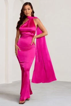 Mademoiselle | Hot Pink Asymmetric Scarf Neck Backless Maxi Dress -Sangyong Store WB BR CL127576 MademoiselleHotPinkAsymmetricScarfNeckMaxiDress2