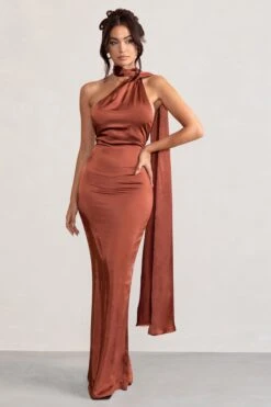 Mademoiselle | Rust Satin Asymmetric Scarf Neck Backless Maxi Dress
