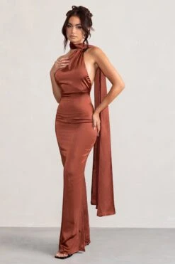 Mademoiselle | Rust Satin Asymmetric Scarf Neck Backless Maxi Dress -Sangyong Store WB BR CL127576 Mademoiselle RustSatinAsymmetricScarfNeckBacklessMaxiDress2