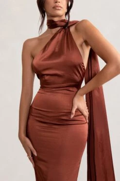 Mademoiselle | Rust Satin Asymmetric Scarf Neck Backless Maxi Dress -Sangyong Store WB BR CL127576 Mademoiselle RustSatinAsymmetricScarfNeckBacklessMaxiDress3
