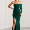 Meghan | Bottle Green Bardot Neck Thigh Split Fishtail Maxi Dress -Sangyong Store WB BR CL127640 MeghanBottleGreenBardotNeckThighSplitFishtailMaxiDress1