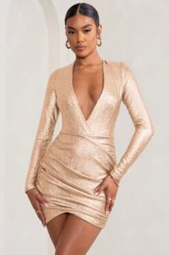 Zara | Gold Extreme Plunge Wrap Skirt Long Sleeve Mini Dress With Shoulder Pads -Sangyong Store WB BR CL127670 ZaraGoldExtremePlungeWrapSkirtLongSleeveMiniDressWithShoulderPads0