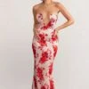 Esme | Champagne Floral Print Satin Fishtail Maxi Dress -Sangyong Store WB BR CL127765 EsmeChampagneFloralPrintSatinShapedFrontCutOutFishtailMaxiDress2