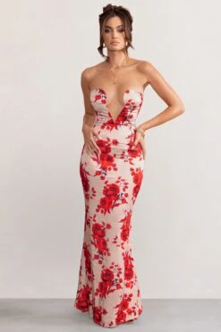 Esme | Champagne Floral Print Satin Fishtail Maxi Dress