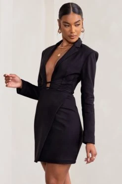 Alexandra | Black Plunge Neck Strap Detail Blazer Mini Dress -Sangyong Store WB BR CL127768 AlexandraBlackPlungeNeckCrossStrapDetailTailoredMiniDress2