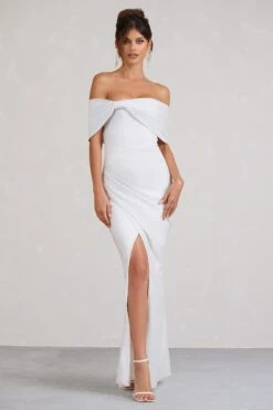 Eva | White Glitter Bardot Wrap Maxi Dress -Sangyong Store WB BR CL127770013 EvaWhiteGlitterBardotWrapMaxiDress1