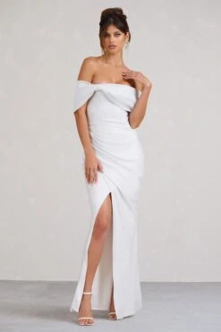 Eva | White Glitter Bardot Wrap Maxi Dress -Sangyong Store WB BR CL127770013 EvaWhiteGlitterBardotWrapMaxiDress2