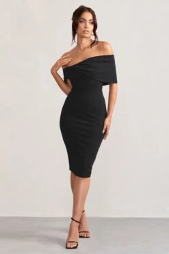 Alyssa | Black Bardot Bow Detail Midi Dress -Sangyong Store WB BR CL127772 AlyssaBlackBardotBowDetailMidiDress1