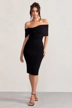 Alyssa | Black Bardot Bow Detail Midi Dress -Sangyong Store WB BR CL127772 AlyssaBlackBardotBowDetailMidiDress2