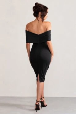 Alyssa | Black Bardot Bow Detail Midi Dress -Sangyong Store WB BR CL127772 AlyssaBlackBardotBowDetailMidiDress4