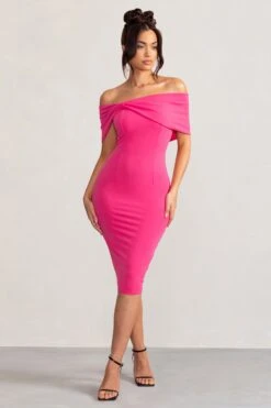 Alyssa | Hot Pink Bardot Bow Detail Midi Dress -Sangyong Store WB BR CL127772 AlyssaHotPinkBardotBowDetailMidiDress2