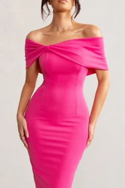 Alyssa | Hot Pink Bardot Bow Detail Midi Dress -Sangyong Store WB BR CL127772 AlyssaHotPinkBardotBowDetailMidiDress4