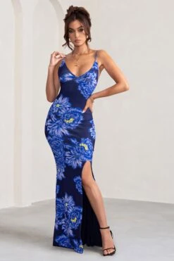 Farah | Blue Floral Print Plunge Neck Maxi Dress With Split Detail -Sangyong Store WB BR CL127830 FarahPurpleFloralPrintPlungeNeckMaxiDressWithSplitDetail1