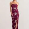 Camila | Burgundy Floral Print Strapless Maxi Dress With Thigh Split