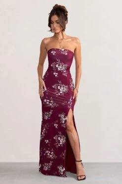 Camila | Burgundy Floral Print Strapless Maxi Dress With Thigh Split -Sangyong Store WB BR CL127848 CamilaBerryFloralPrintStraplessMaxiDressWithThighSplit2