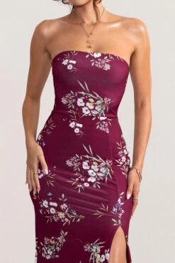 Camila | Burgundy Floral Print Strapless Maxi Dress With Thigh Split -Sangyong Store WB BR CL127848 CamilaBerryFloralPrintStraplessMaxiDressWithThighSplit2 07d9b5fa 1198 4fd5 aa57 b4efe9b24a5b